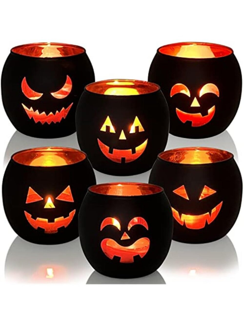 Halloween Table Decor Set of 6, Jack O Lanterns Black Glass Votive Tealight